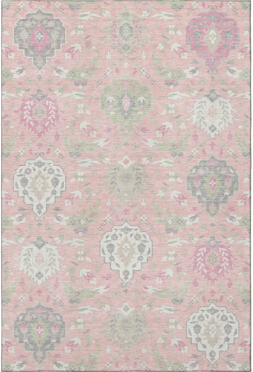 Pink Gray And Ivory Damask Washable Area Rug With UV Protection Photo 3