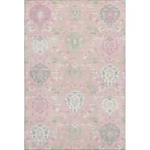 Photo of Pink Gray And Ivory Damask Washable Area Rug With UV Protection
