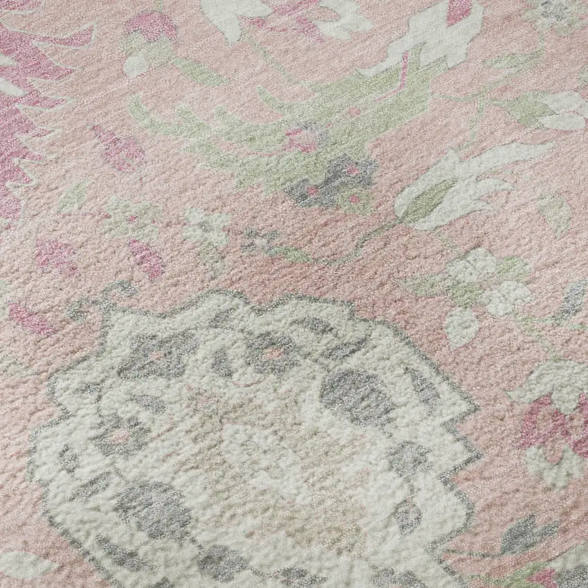 Pink Gray And Ivory Damask Washable Area Rug With UV Protection Photo 9
