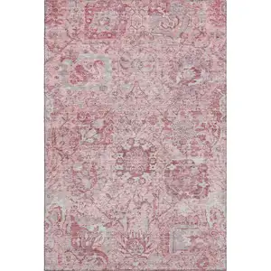 Photo of Pink Gray And Ivory Damask Washable Area Rug With UV Protection