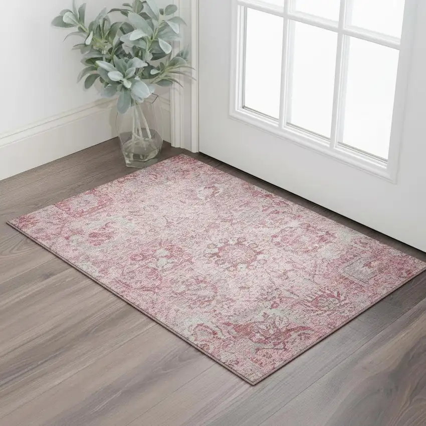 Pink Gray And Ivory Damask Washable Area Rug With UV Protection Photo 2
