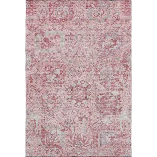 Pink Gray And Ivory Damask Washable Area Rug With UV Protection Photo 1