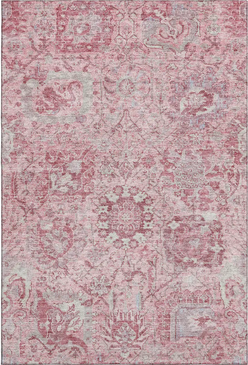 Pink Gray And Ivory Damask Washable Area Rug With UV Protection Photo 1