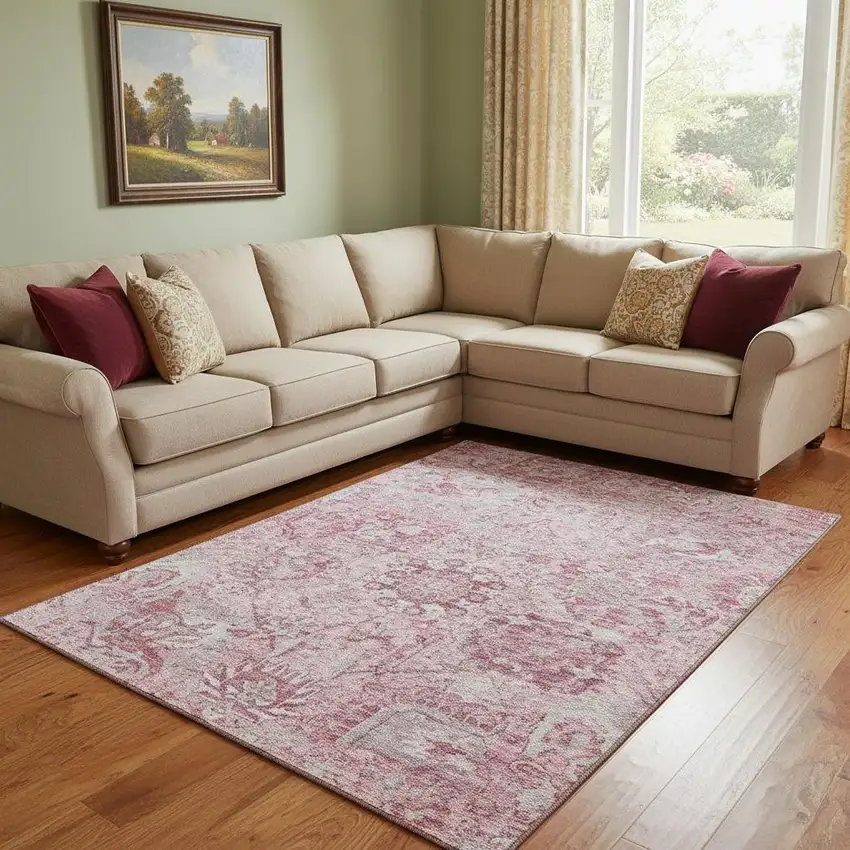 Pink Gray And Ivory Damask Washable Area Rug With UV Protection Photo 2