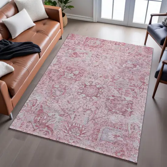 Pink Gray And Ivory Damask Washable Area Rug With UV Protection Photo 5