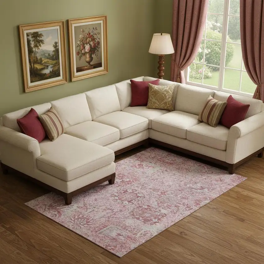 Pink Gray And Ivory Damask Washable Area Rug With UV Protection Photo 2