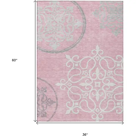 Pink Gray And Ivory Floral Medallion Washable Indoor Outdoor Area Rug Photo 3