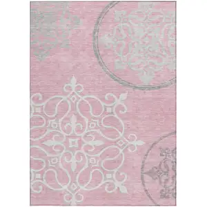 Photo of Pink Gray And Ivory Floral Medallion Washable Indoor Outdoor Area Rug