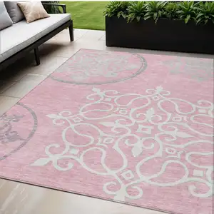 Photo of Pink Gray And Ivory Floral Medallion Washable Indoor Outdoor Area Rug
