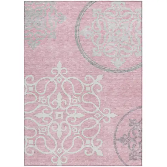 Pink Gray And Ivory Floral Medallion Washable Indoor Outdoor Area Rug Photo 6