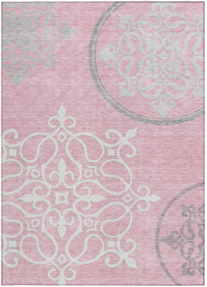 Pink Gray And Ivory Floral Medallion Washable Indoor Outdoor Area Rug Photo 6