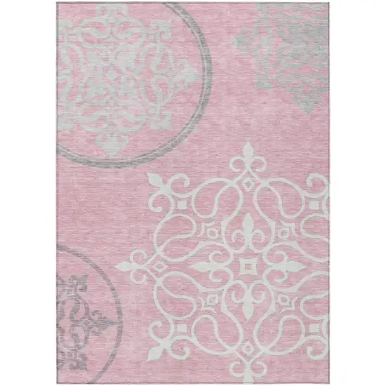 Pink Gray And Ivory Floral Medallion Washable Indoor Outdoor Area Rug Photo 2