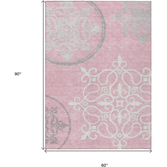 Pink Gray And Ivory Floral Medallion Washable Indoor Outdoor Area Rug Photo 3