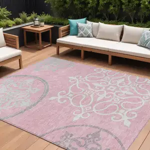 Photo of Pink Gray And Ivory Floral Medallion Washable Indoor Outdoor Area Rug
