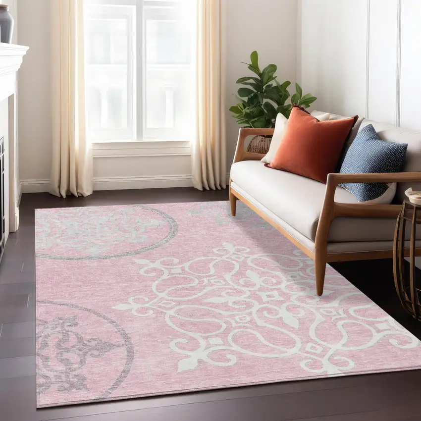 Pink Gray And Ivory Floral Medallion Washable Indoor Outdoor Area Rug Photo 9