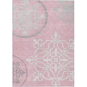 Photo of Pink Gray And Ivory Floral Medallion Washable Indoor Outdoor Area Rug