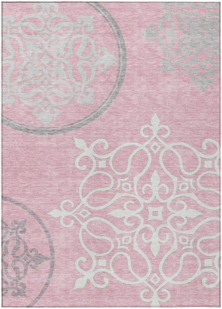 Pink Gray And Ivory Floral Medallion Washable Indoor Outdoor Area Rug Photo 2