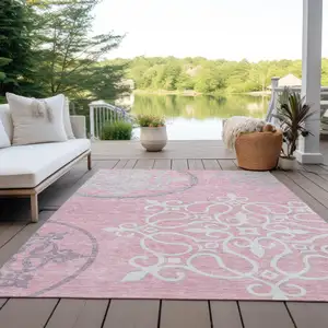 Photo of Pink Gray And Ivory Floral Medallion Washable Indoor Outdoor Area Rug