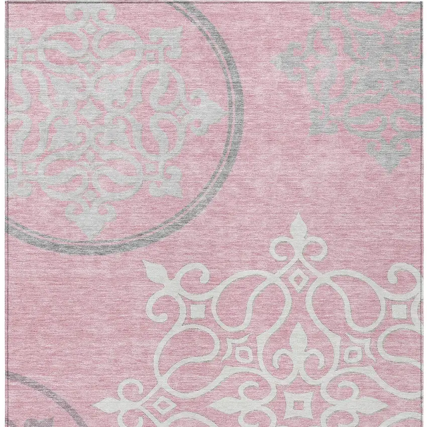 Pink Gray And Ivory Floral Medallion Washable Indoor Outdoor Area Rug Photo 7