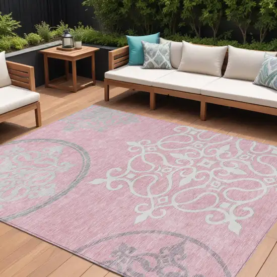 Pink Gray And Ivory Floral Medallion Washable Indoor Outdoor Area Rug Photo 1