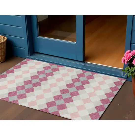 Pink Gray And Ivory Geometric Washable Indoor Outdoor Area Rug Photo 1