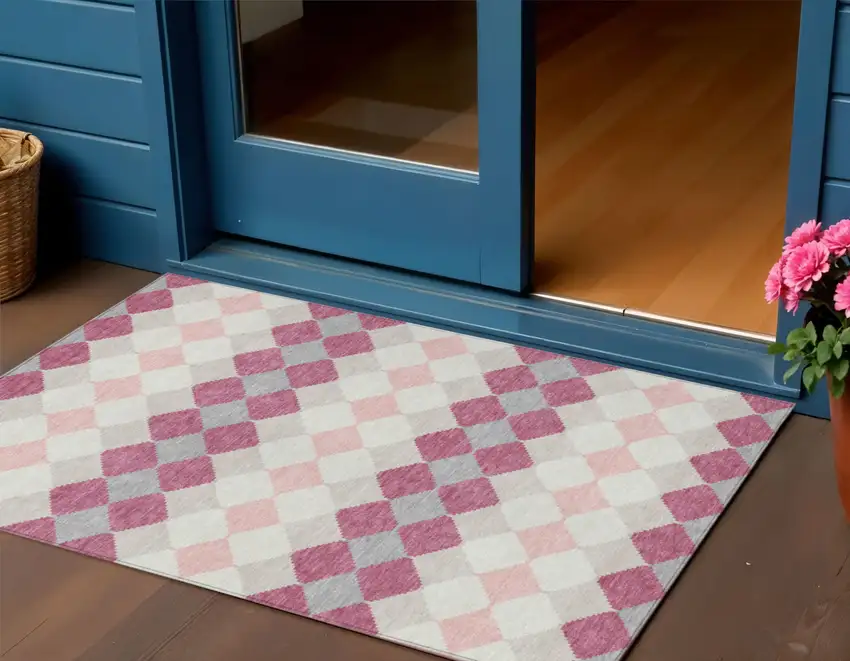 Pink Gray And Ivory Geometric Washable Indoor Outdoor Area Rug Photo 1