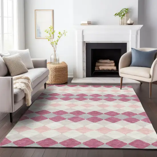 Pink Gray And Ivory Geometric Washable Indoor Outdoor Area Rug Photo 9