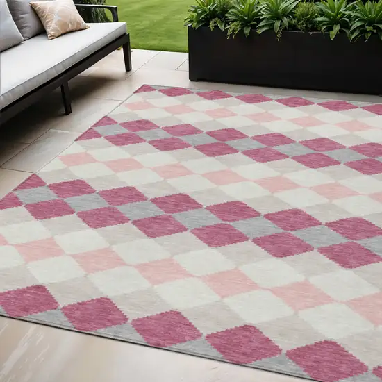 Pink Gray And Ivory Geometric Washable Indoor Outdoor Area Rug Photo 1