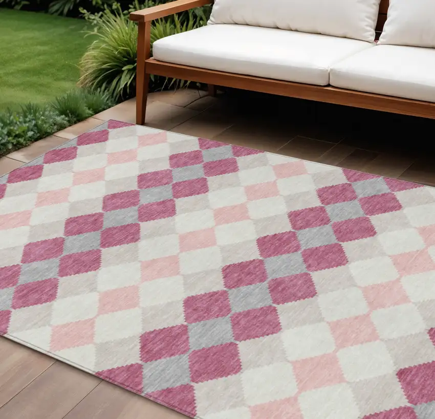 Pink Gray And Ivory Geometric Washable Indoor Outdoor Area Rug Photo 1