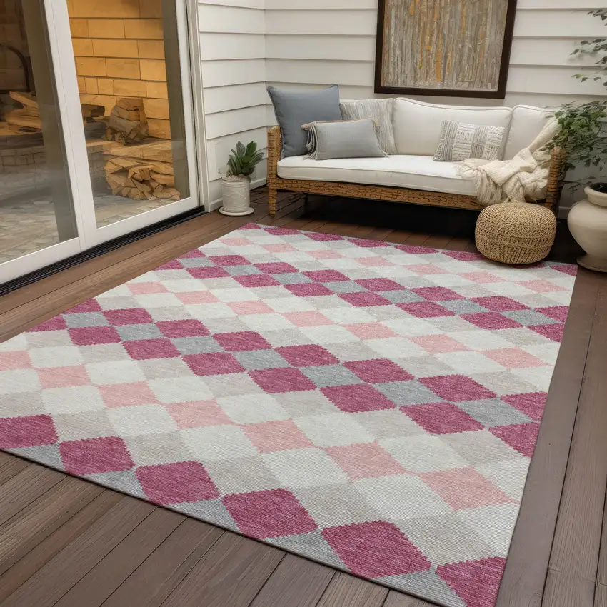 Pink Gray And Ivory Geometric Washable Indoor Outdoor Area Rug Photo 8