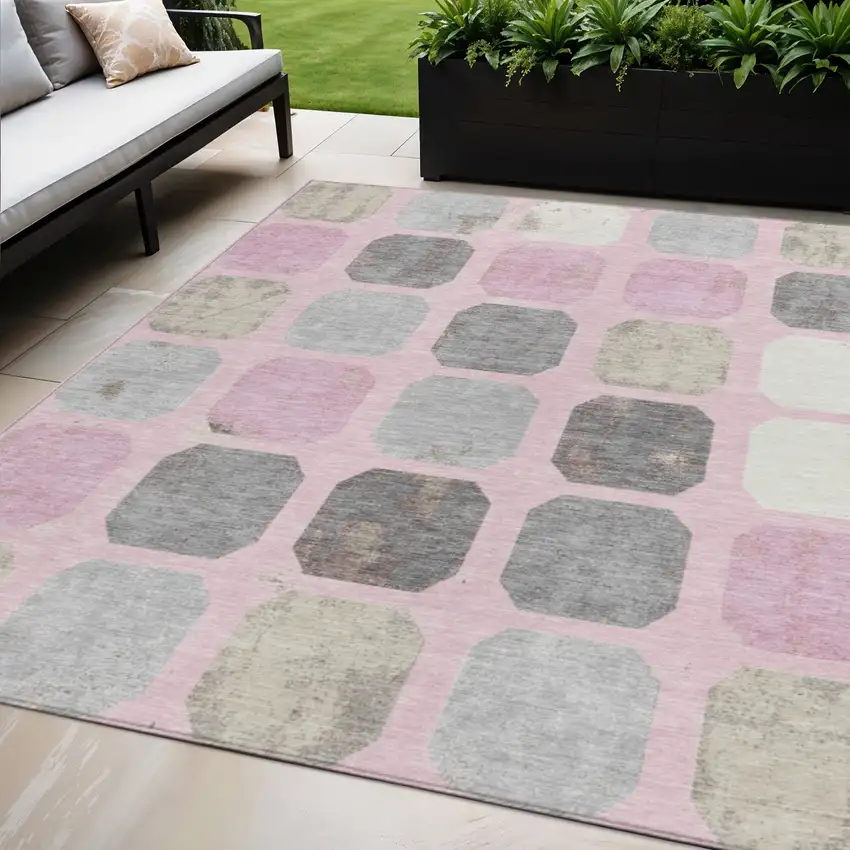 Pink Gray And Ivory Geometric Washable Indoor Outdoor Area Rug Photo 2