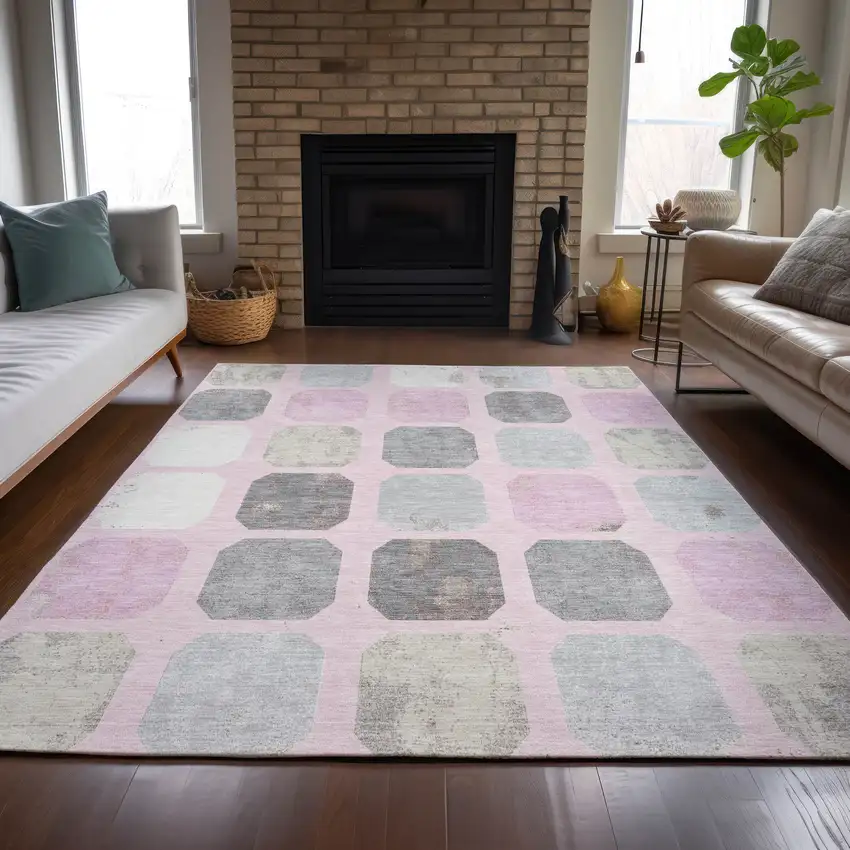 Pink Gray And Ivory Geometric Washable Indoor Outdoor Area Rug Photo 9