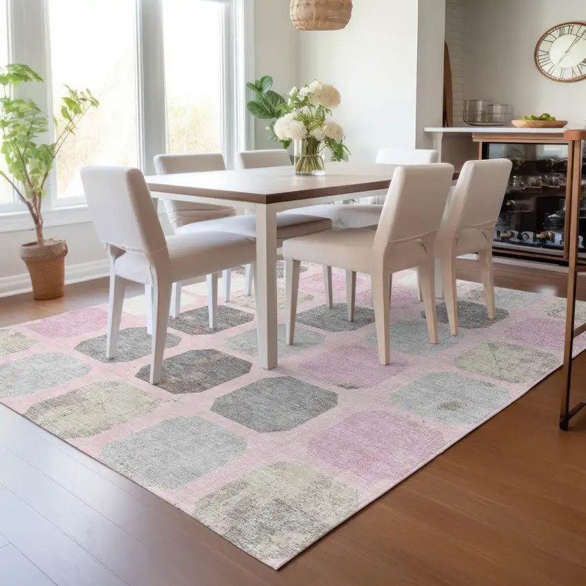 Pink Gray And Ivory Geometric Washable Indoor Outdoor Area Rug Photo 8