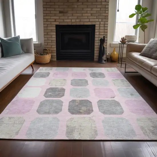 Pink Gray And Ivory Geometric Washable Indoor Outdoor Area Rug Photo 9