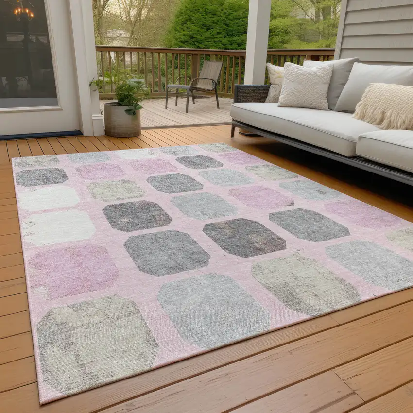Pink Gray And Ivory Geometric Washable Indoor Outdoor Area Rug Photo 6