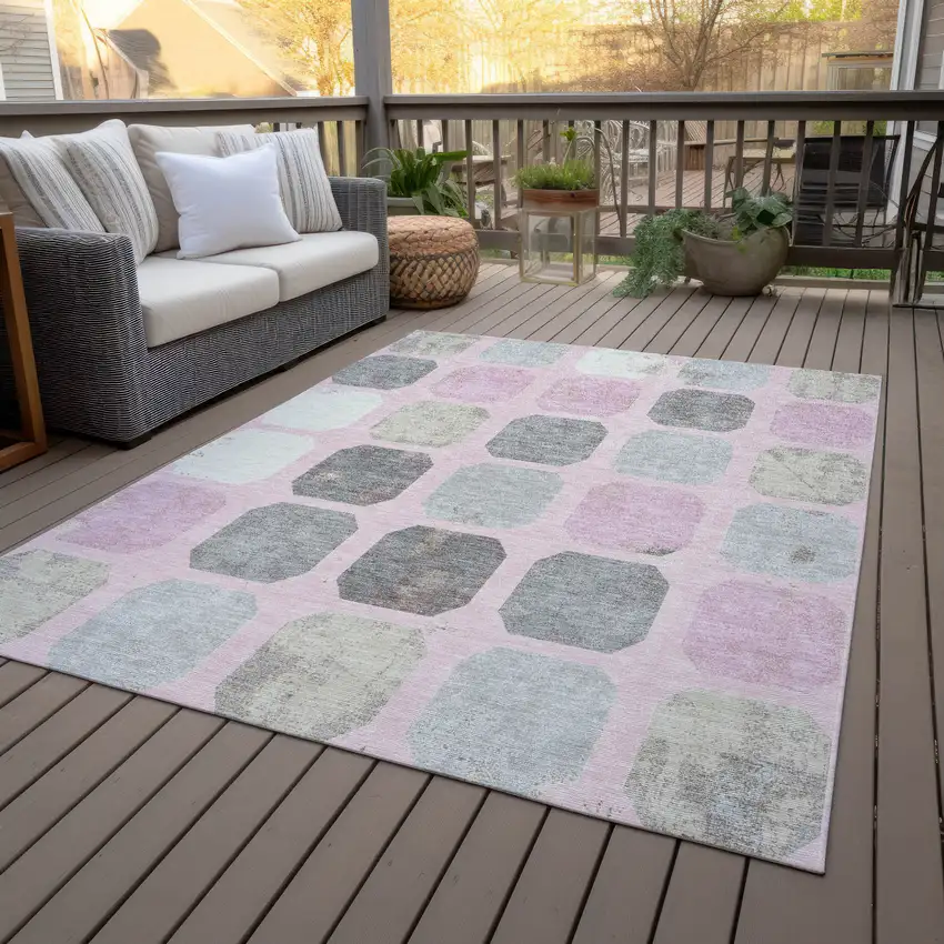 Pink Gray And Ivory Geometric Washable Indoor Outdoor Area Rug Photo 9