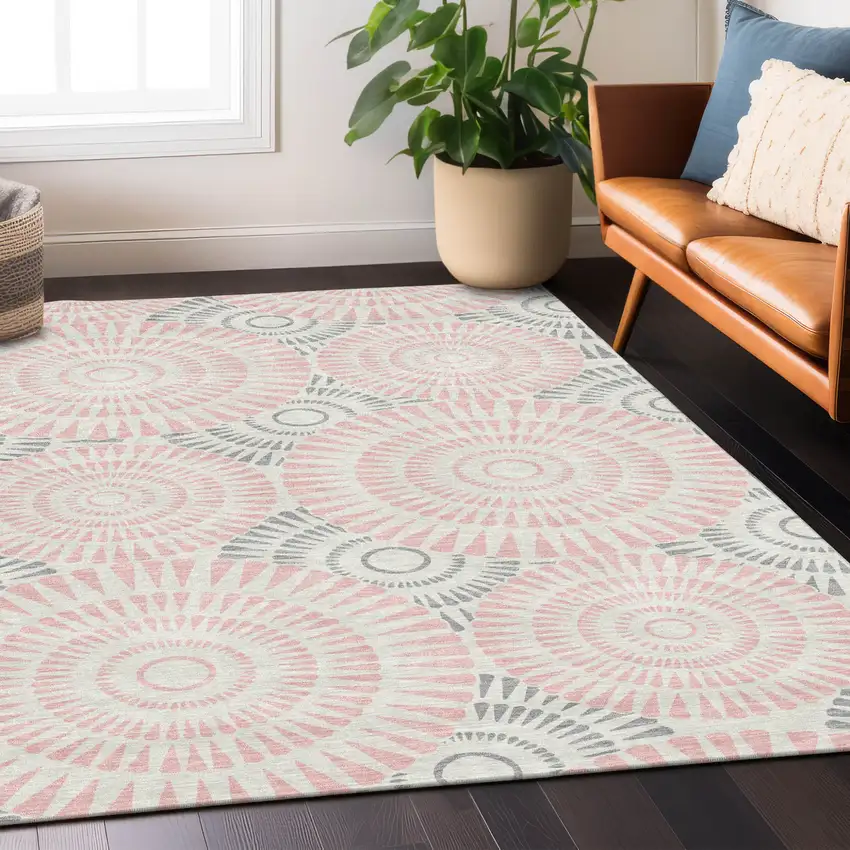 Pink Gray And Ivory Geometric Washable Indoor Outdoor Area Rug Photo 8
