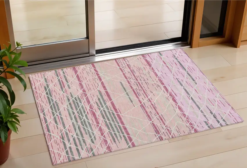 Pink Gray And Ivory Striped Washable Indoor Outdoor Area Rug Photo 1