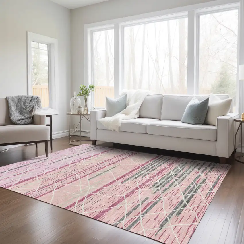 Pink Gray And Ivory Striped Washable Indoor Outdoor Area Rug Photo 9