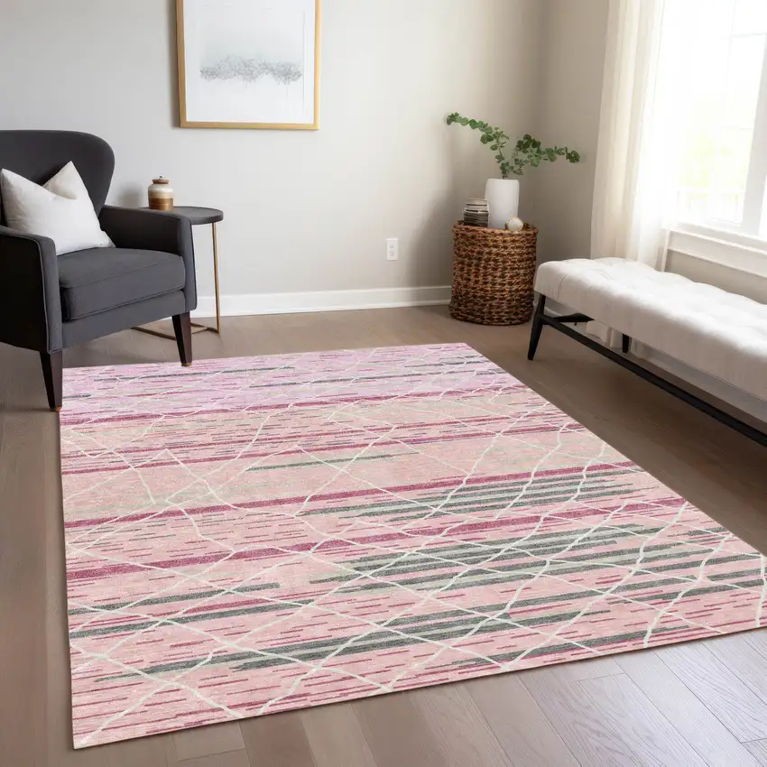 Pink Gray And Ivory Striped Washable Indoor Outdoor Area Rug Photo 8