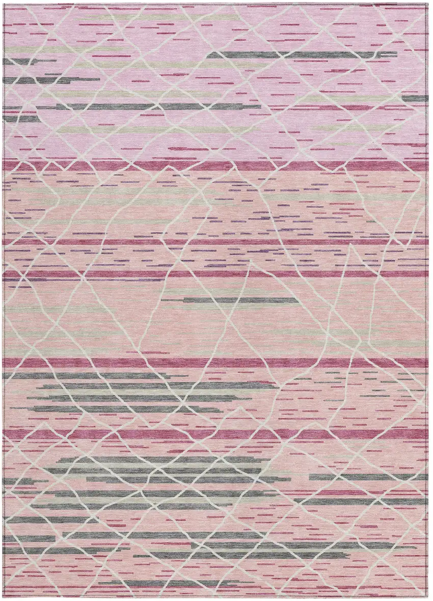 Pink Gray And Ivory Striped Washable Indoor Outdoor Area Rug Photo 8