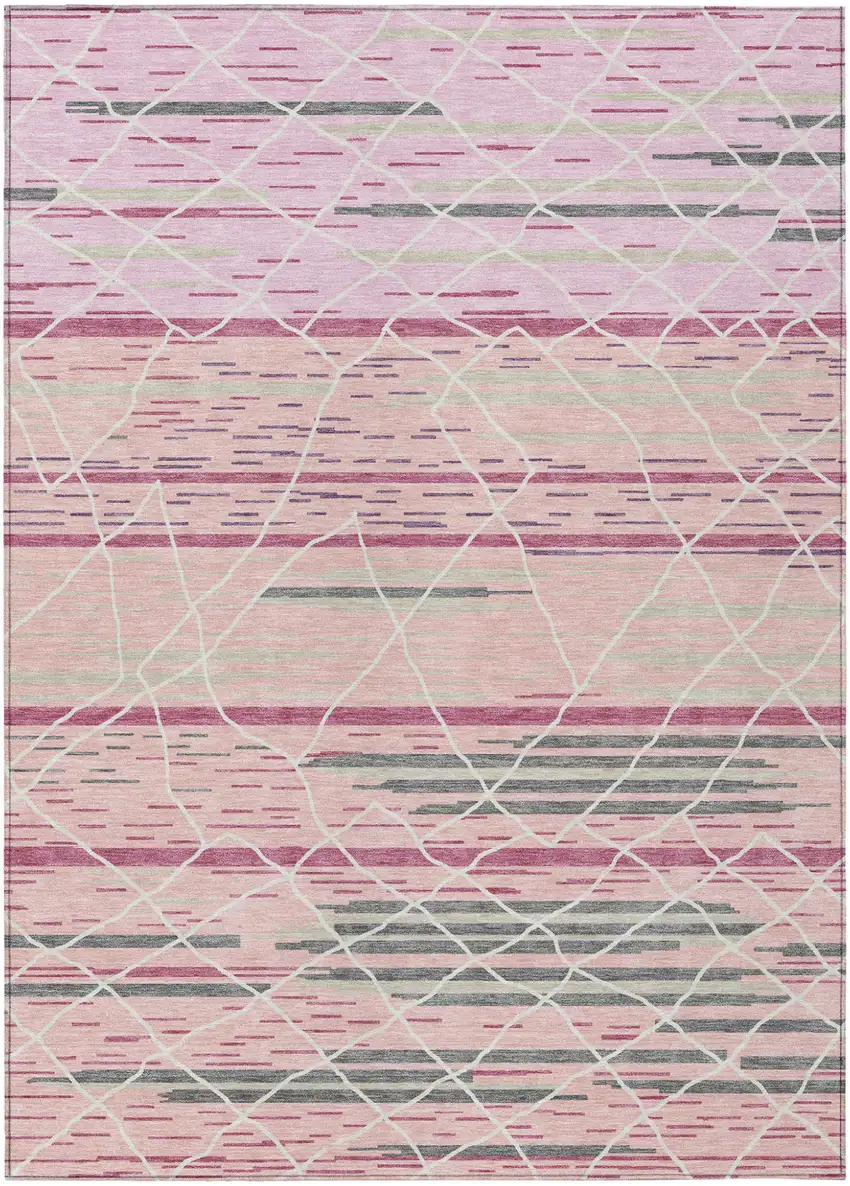 Pink Gray And Ivory Striped Washable Indoor Outdoor Area Rug Photo 2