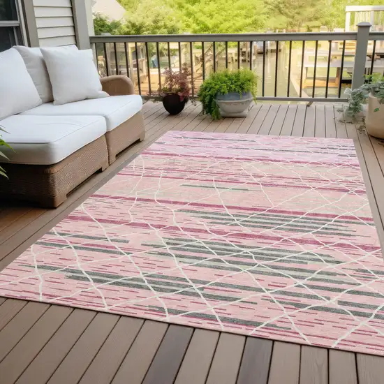 Pink Gray And Ivory Striped Washable Indoor Outdoor Area Rug Photo 9