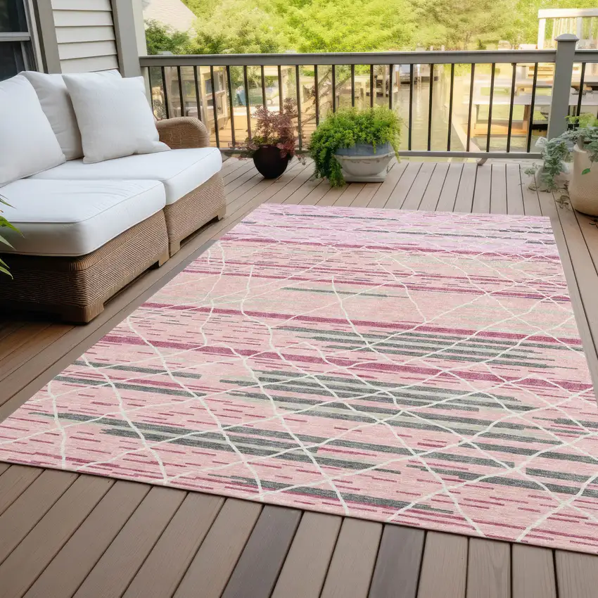 Pink Gray And Ivory Striped Washable Indoor Outdoor Area Rug Photo 9