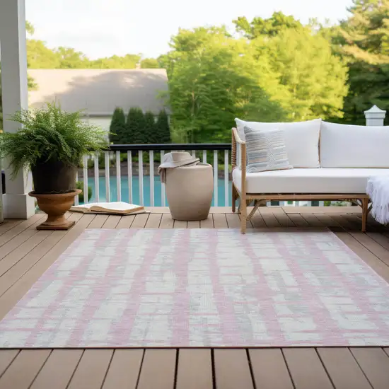 Pink Gray And Ivory Striped Washable Indoor Outdoor Area Rug Photo 9