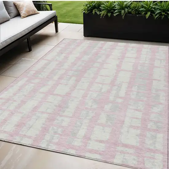 Pink Gray And Ivory Striped Washable Indoor Outdoor Area Rug Photo 1