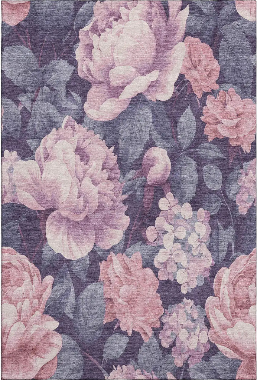Pink Gray And Mauve Floral Washable Area Rug With UV Protection Photo 1