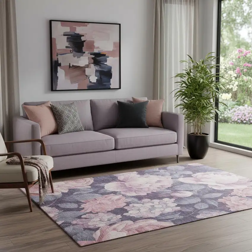 Pink Gray And Mauve Floral Washable Area Rug With UV Protection Photo 2