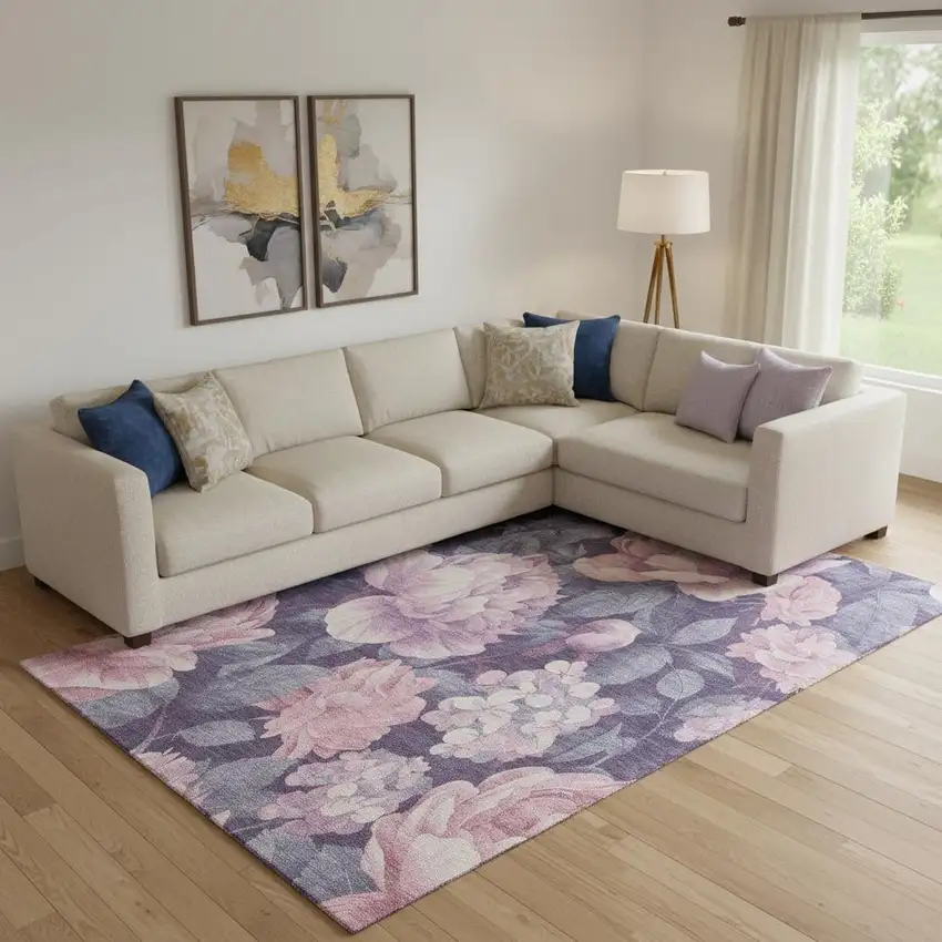 Pink Gray And Mauve Floral Washable Area Rug With UV Protection Photo 2