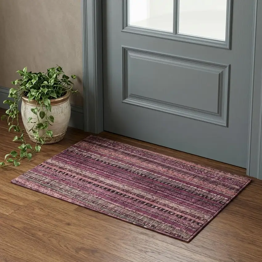 Pink Gray And Mauve Striped Washable Area Rug With UV Protection Photo 1